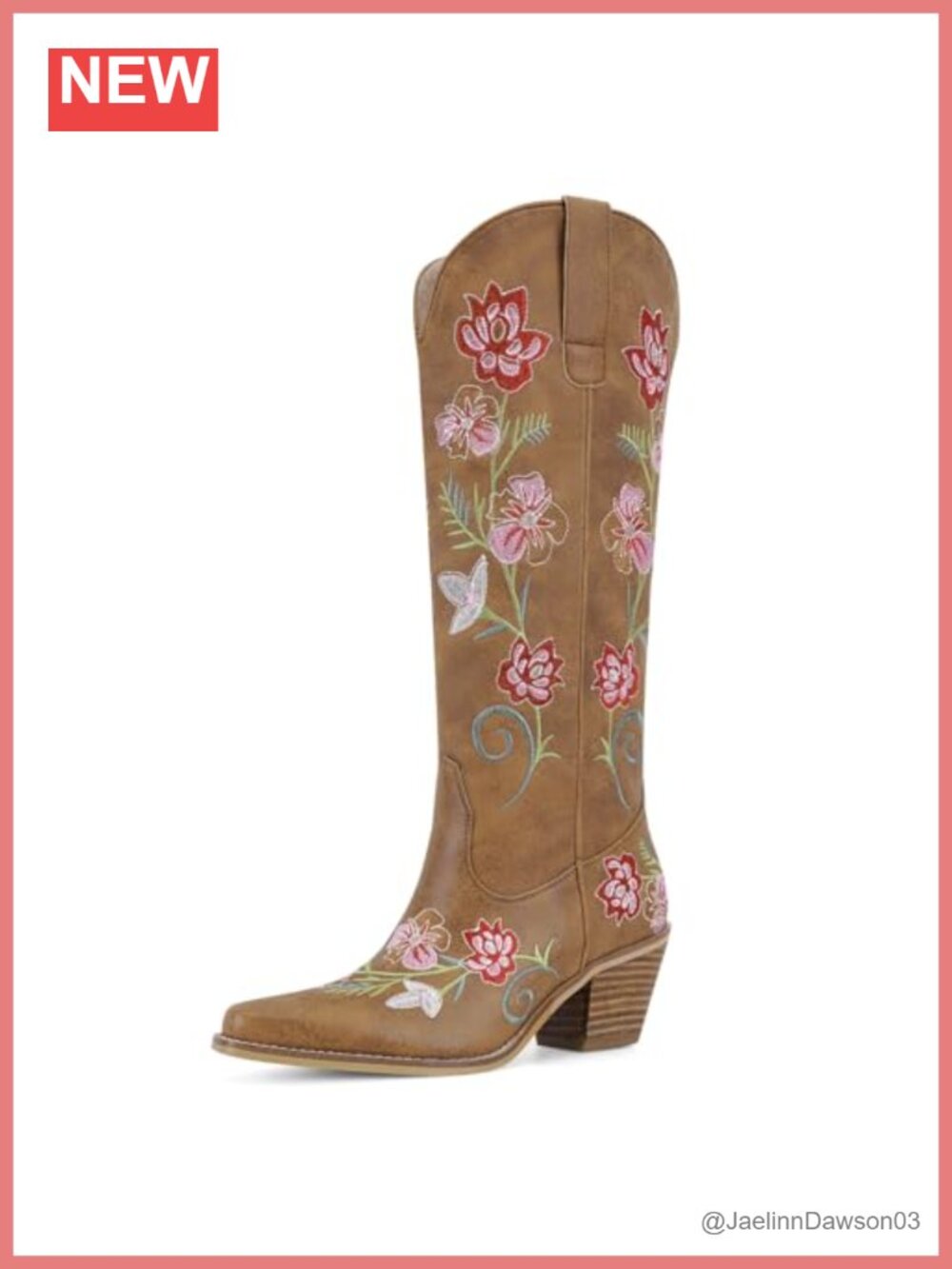 Women Knee High Cowgirl Western Boots Pointed Toe Chunky Block Heel Floral